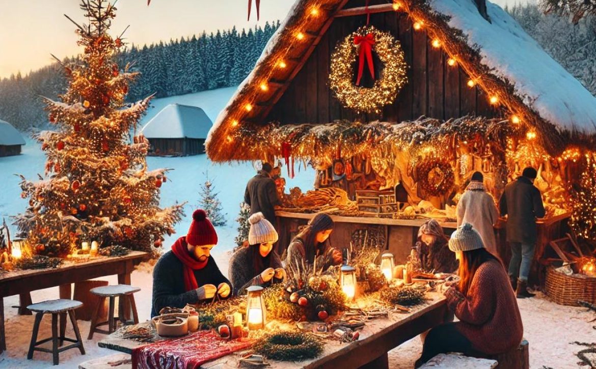 A_cozy_and_festive_scene_of_an_outdoor_Christmas_workshop